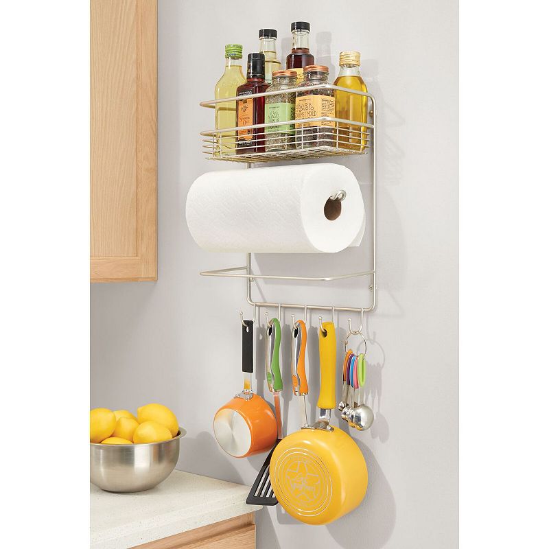 mDesign Metal Wall Mount Paper Towel Holder with Storage Shelf/Hooks