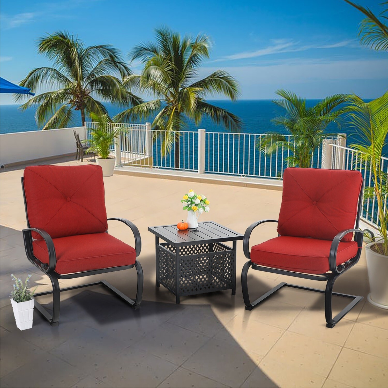 3-piece Patio Bistro Furniture Set， C-spring Chairs and Patio Side table with Umbrella Hole - Overstock - 33330754