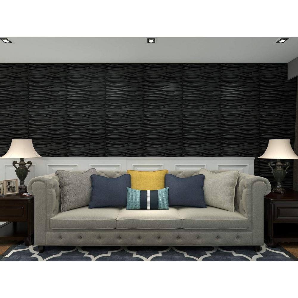 Art3dwallpanels Wave PVC Decorative Black Wall Panel for Living Room 19.7 in. x 19.7 in. x 1 in. (12-Pack) T10d037BK