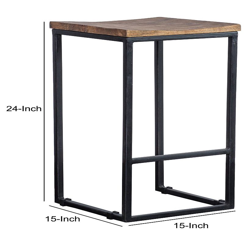 Iron Base Counter Height Stool with Wooden Saddle Seat， Brown and Black