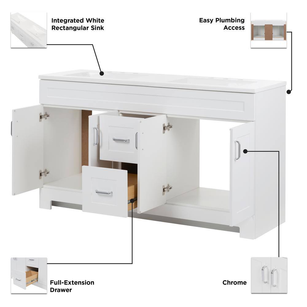 Glacier Bay Trudie 60.25 in. W x 18.75 in. D x 35 in. H Bath Vanity in White with White Cultured Marble Top TD60P2-WH