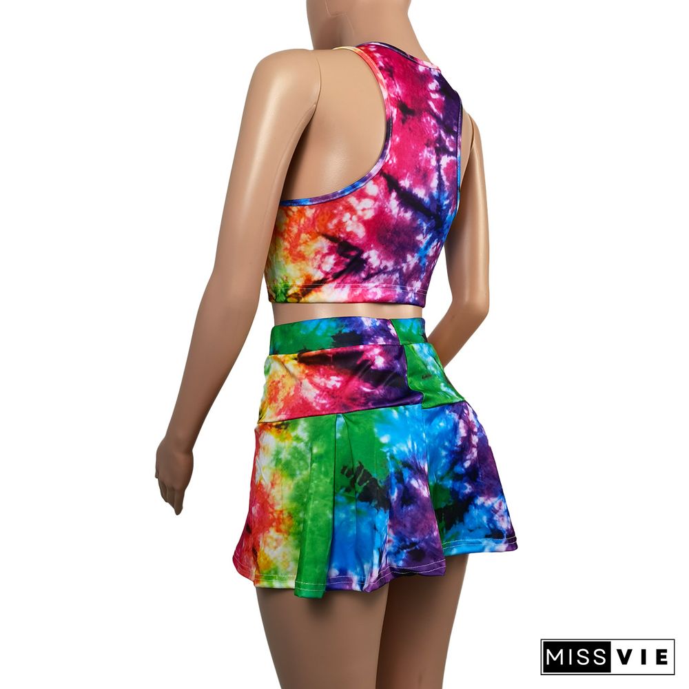 Tie Dye Print Sleeveless Crop Tank Tops Pleat Mini Skirts Women Summer Sporty Outfit Two Piece Sets