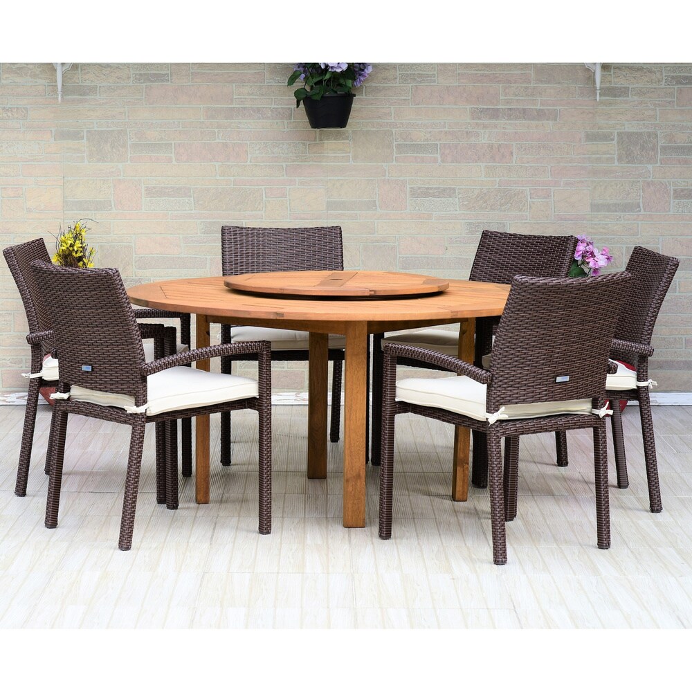 7 piece Lazy Susan Wood Dining Set with Wicker Armchairs