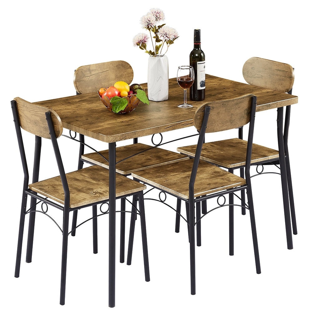 VECELO Dining Table Set  Kitchen Table with 4 Chairs  Metal and Wood Rectangular 5 Piece Dining Table