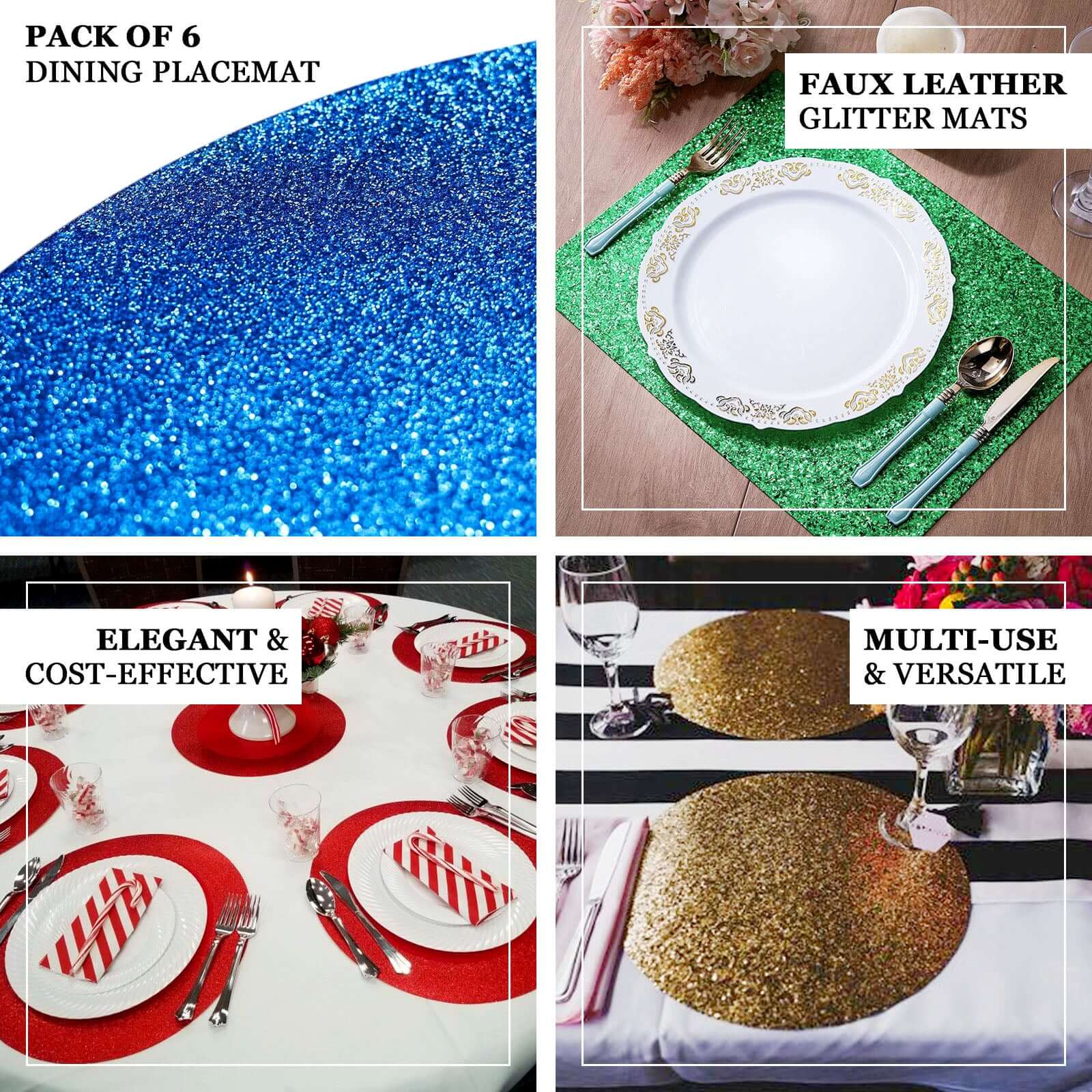 6 Pack Champagne Sparkle Placemats, Non Slip Decorative Round Glitter Table Mat