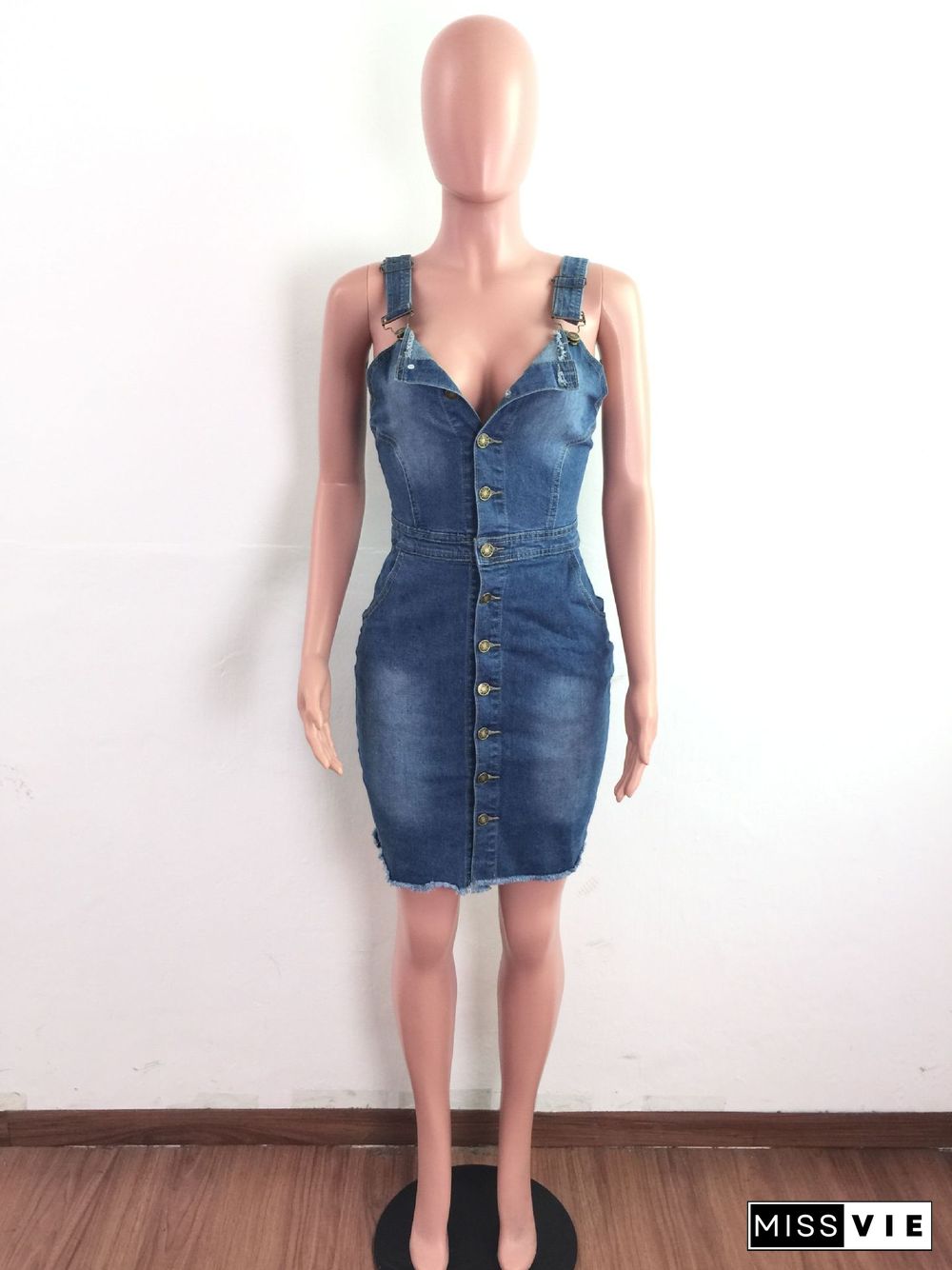 Fashion Summer Women's Suspender Sleeveless Low Neck Button Closure Slim Casual Bodycon Denim Dresses