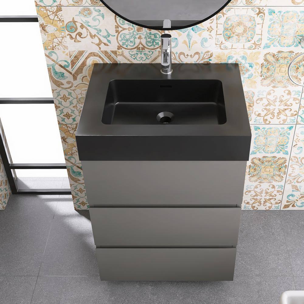 JimsMaison 24 in. W x 18 in. D x 37 in. H Freestanding Bath Vanity in Grey with Black Solid Surface Top Alice-F24GRB