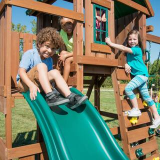 Swing-N-Slide Playsets Elkhorn Ready-To-Assemble Outdoor Wooden Playset with Slide Rock Wall Swings and Backyard Swing Set Accessories WS 8357