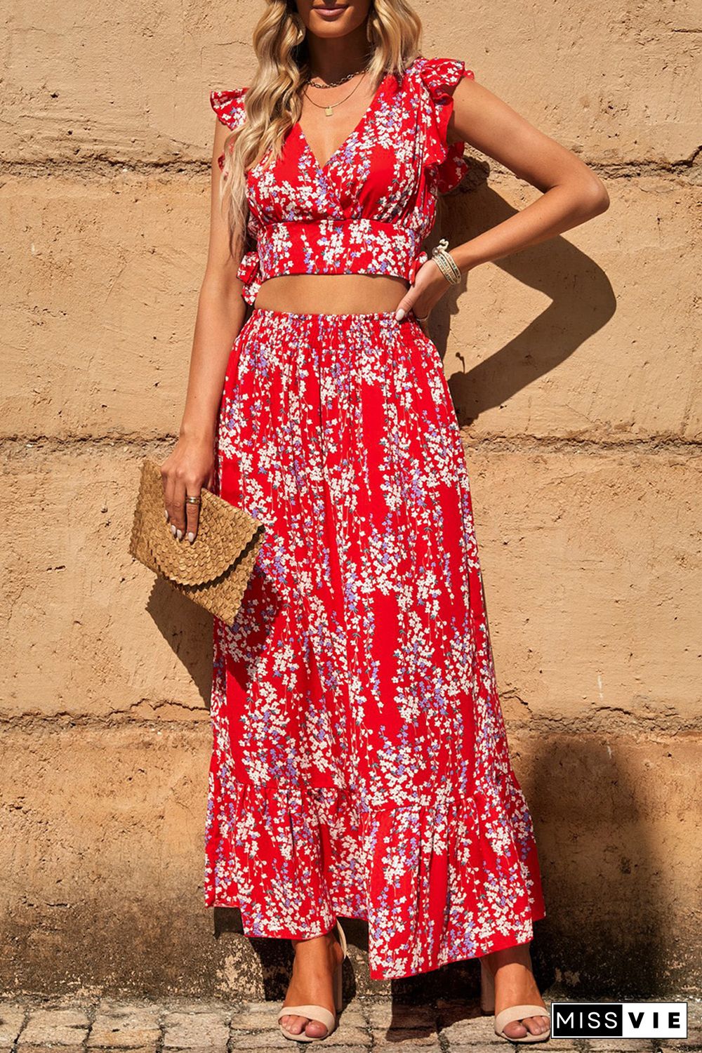 Red Multicolor Floral Ruffled Crop Top and Maxi Skirt Set