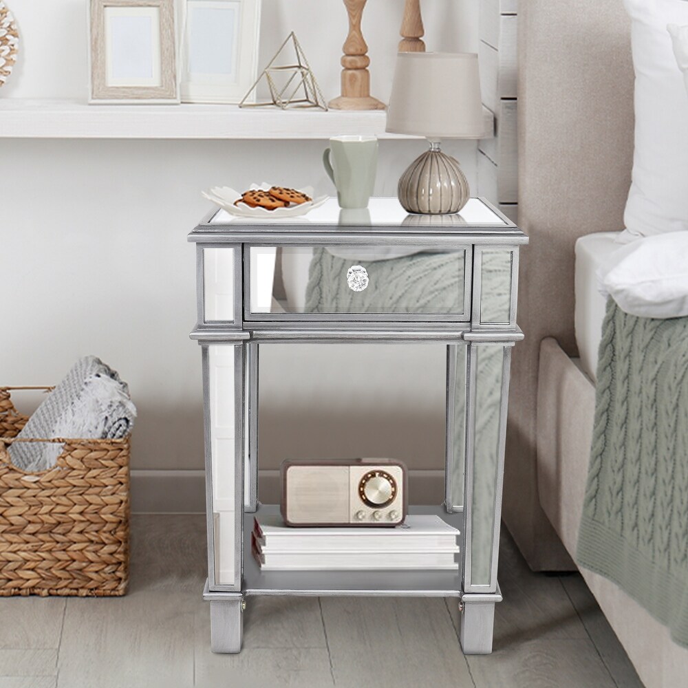 Mirrored Nightstand Drawer Glass Side End Table Silver Dresser Bedroom