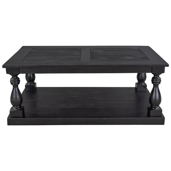 Rustic Solid Pine Wood Floor Shelf Coffee Table with Storage