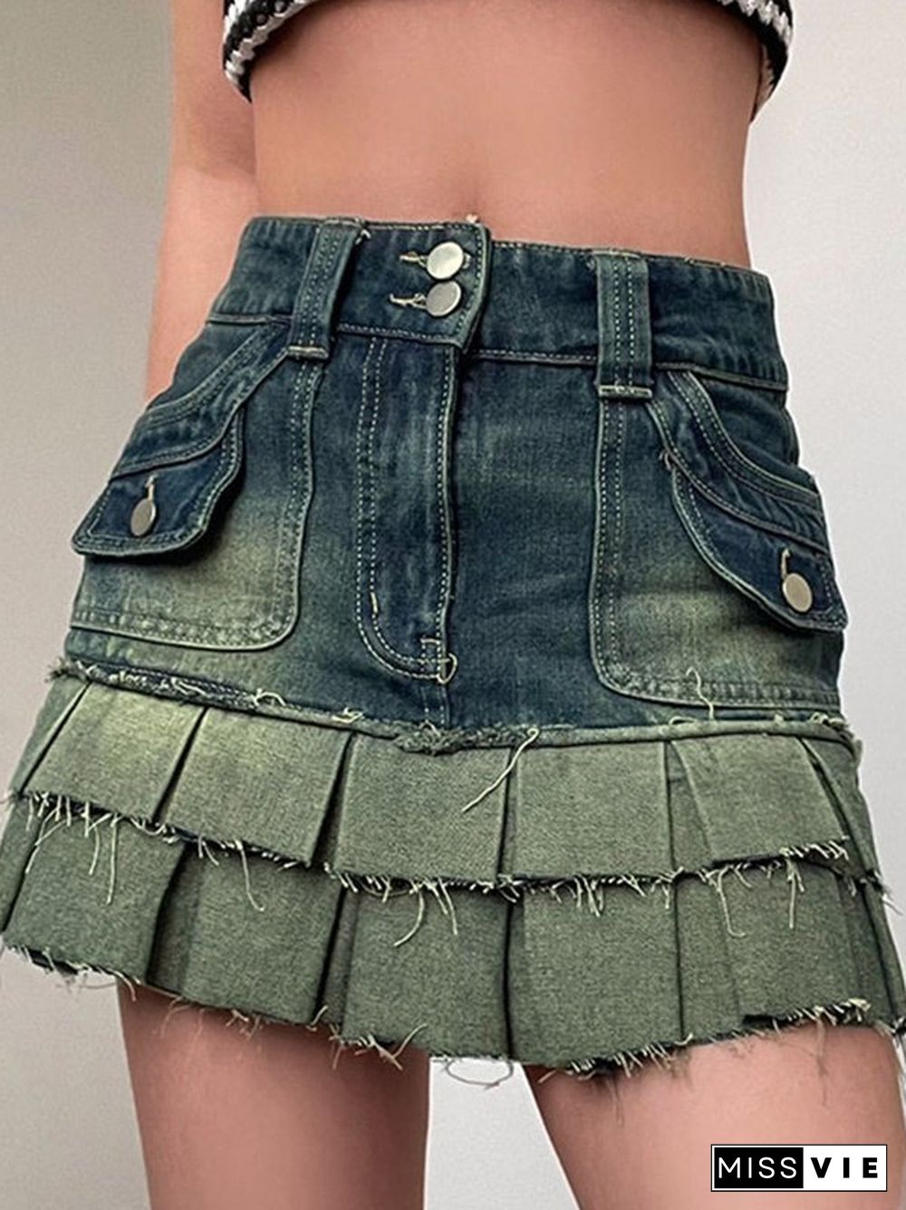 High Waist Colorblock Pleated Denim Mini Skirts