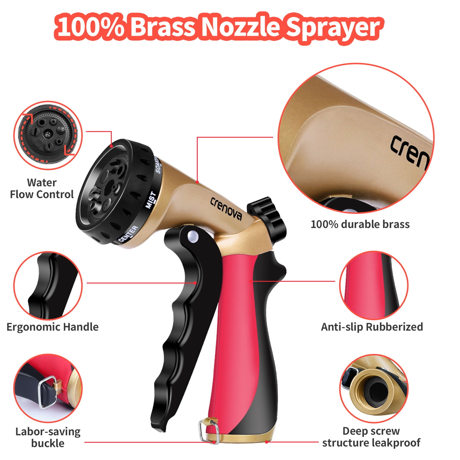 Crenova Garden Hose Nozzle Full Metal Non-slip Water Sprayer High Pressure Nozzle Gun Multifunction Nozzle Flow Control Valve， Red