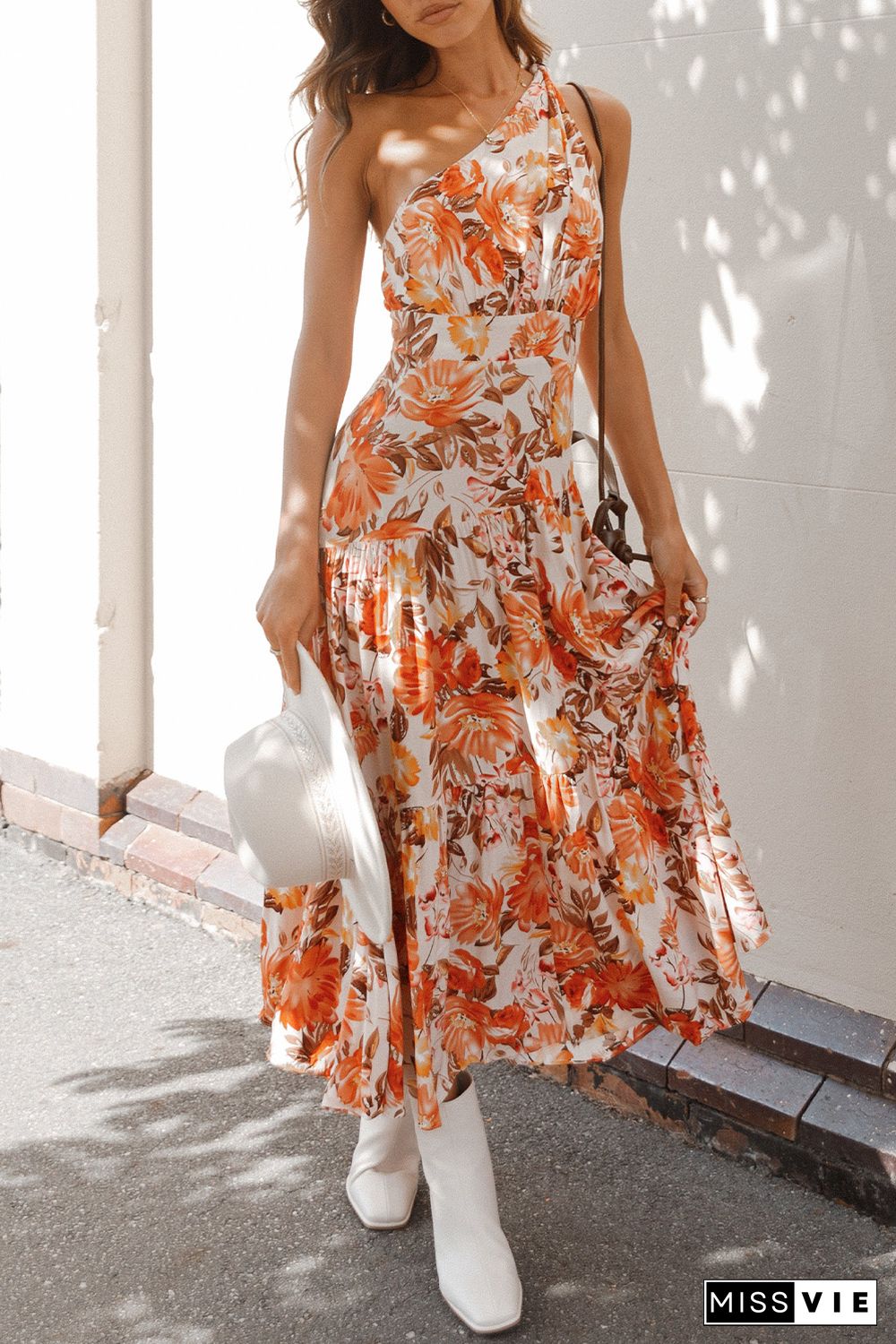 Orange Floral Print Pleated One Shoulder High Waist Maxi Dress