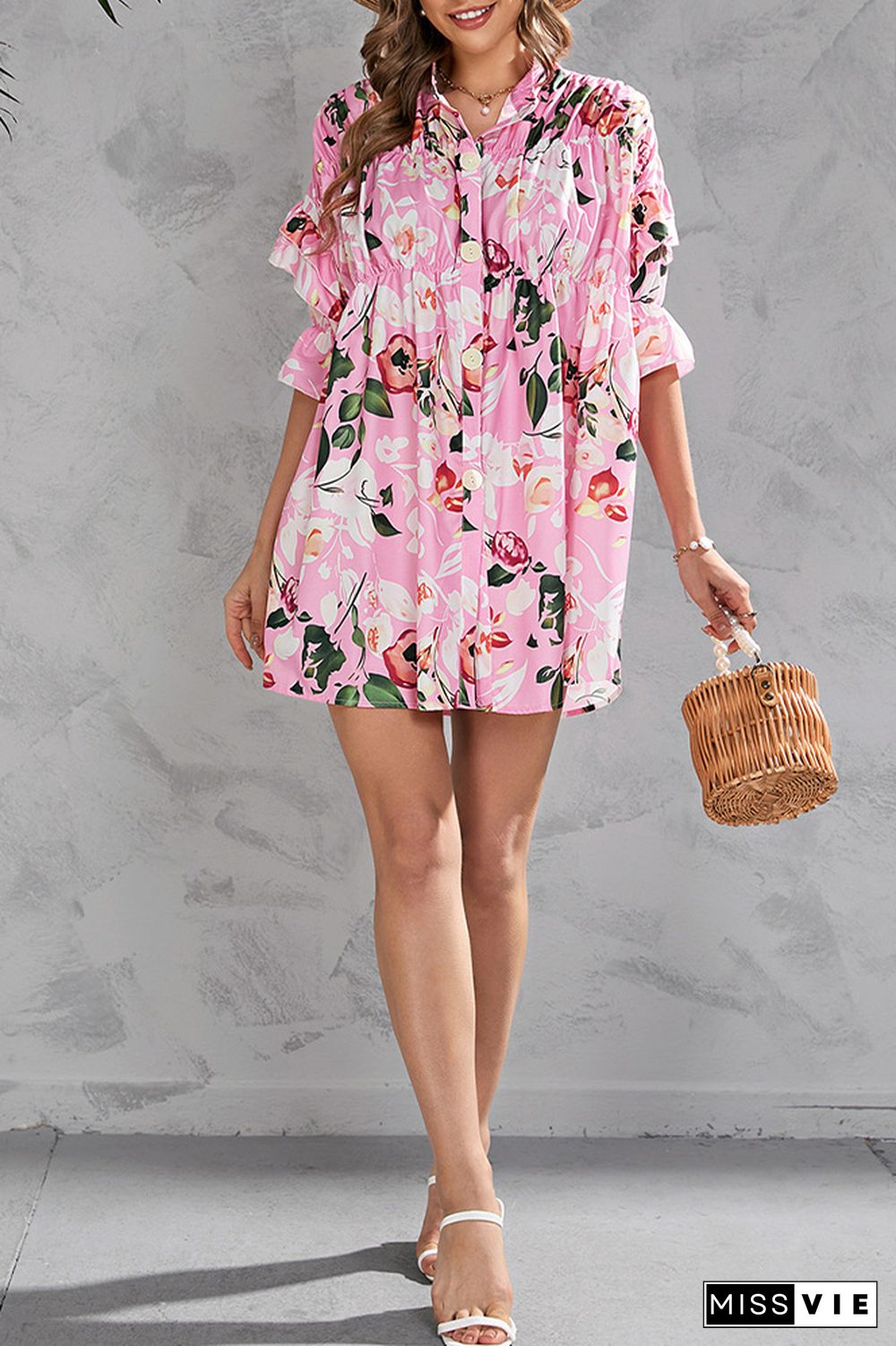 Half Sleeves Floral Button Up SHirt Dress