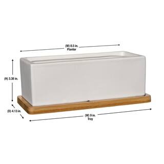 Nova 8.5 in. White Ceramic Rectangle Planter with Tray HD1138-089