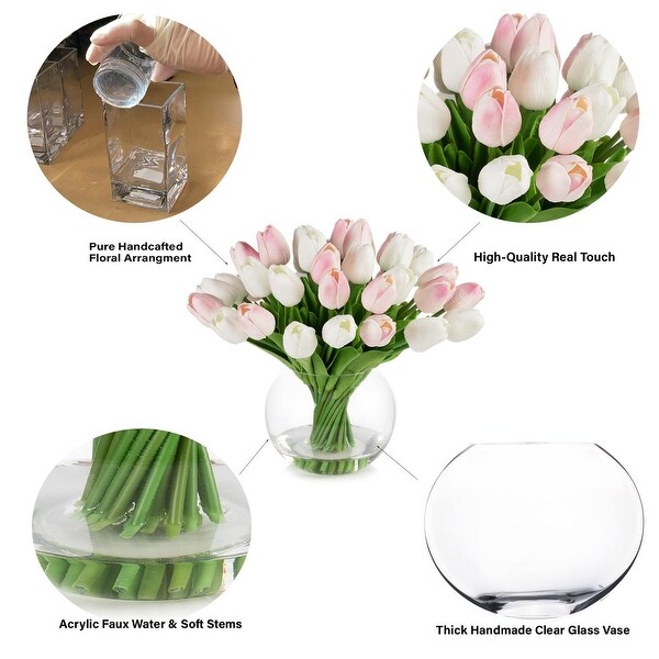 40 Pieces Real Touch Tulip Arrangement in Clear Glass Vase For Home Wedding Decoration