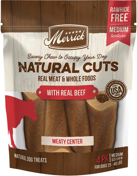 Merrick Natural Cuts Medium Real Beef Flavor Rawhide Free Dog Treats， 4 count