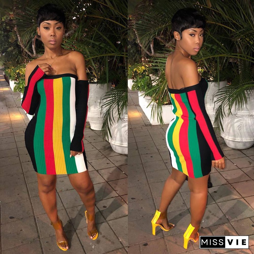 Sexy Strapless Off Shoulder Rainbow Stripes Mini Bodycon Dress