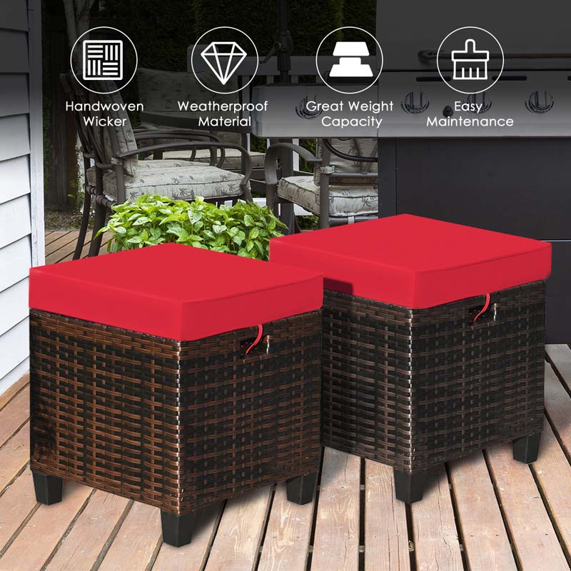 2 Pcs Rattan Patio Ottoman Set with Removable Cushions, All Weather Wicker Outdoor Footstool Footrest Seat