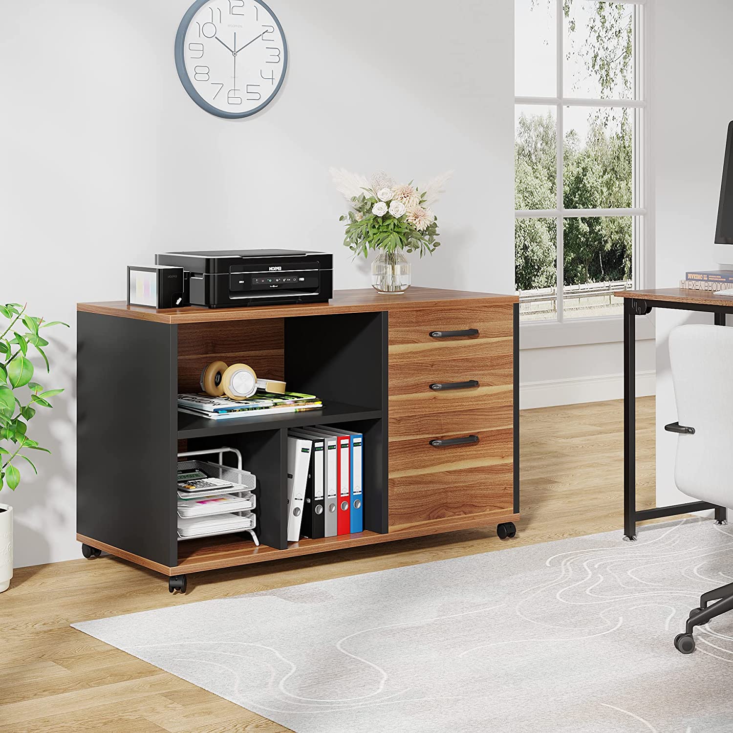 3-Drawer File Cabinet, Wood Filing Cabinet with Lock Wheels for A4/Letter Size