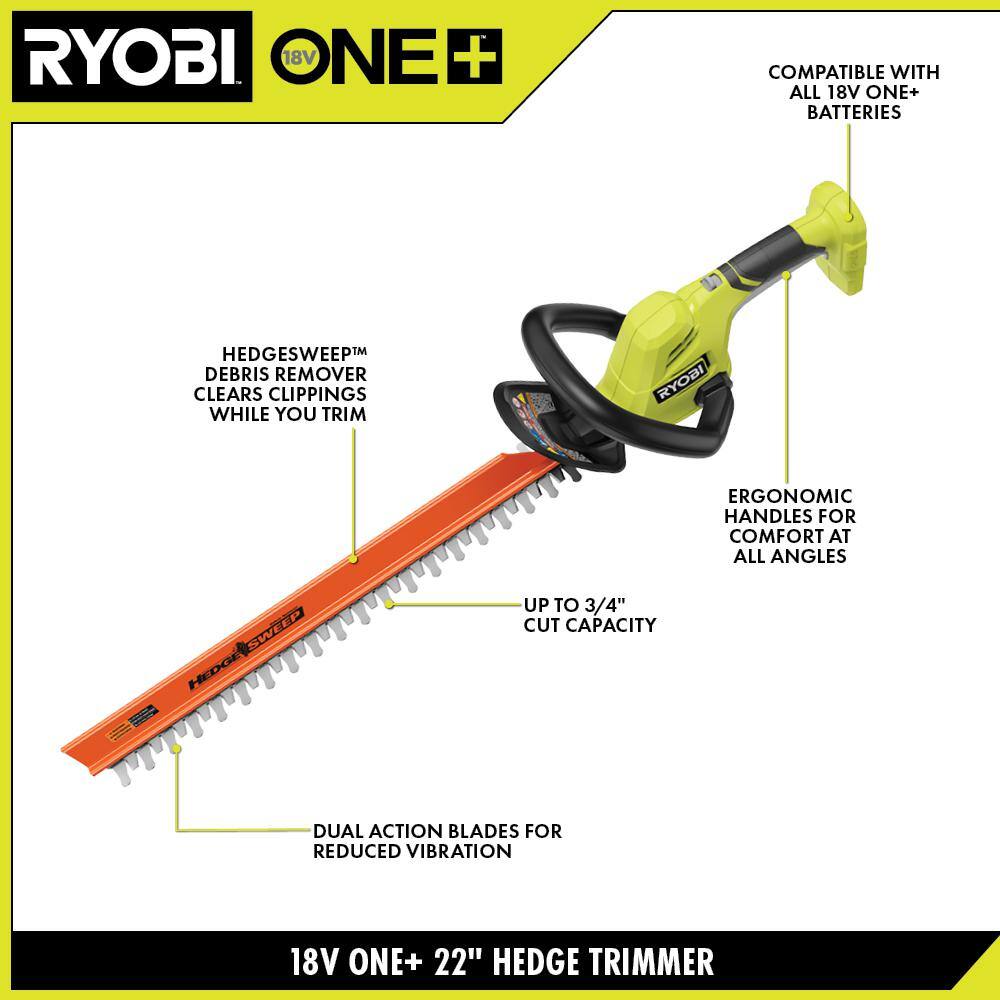 RYOBI ONE+ 18V 22 in. Lithium-Ion Cordless Hedge Trimmer (Tool Only) P2609BTL