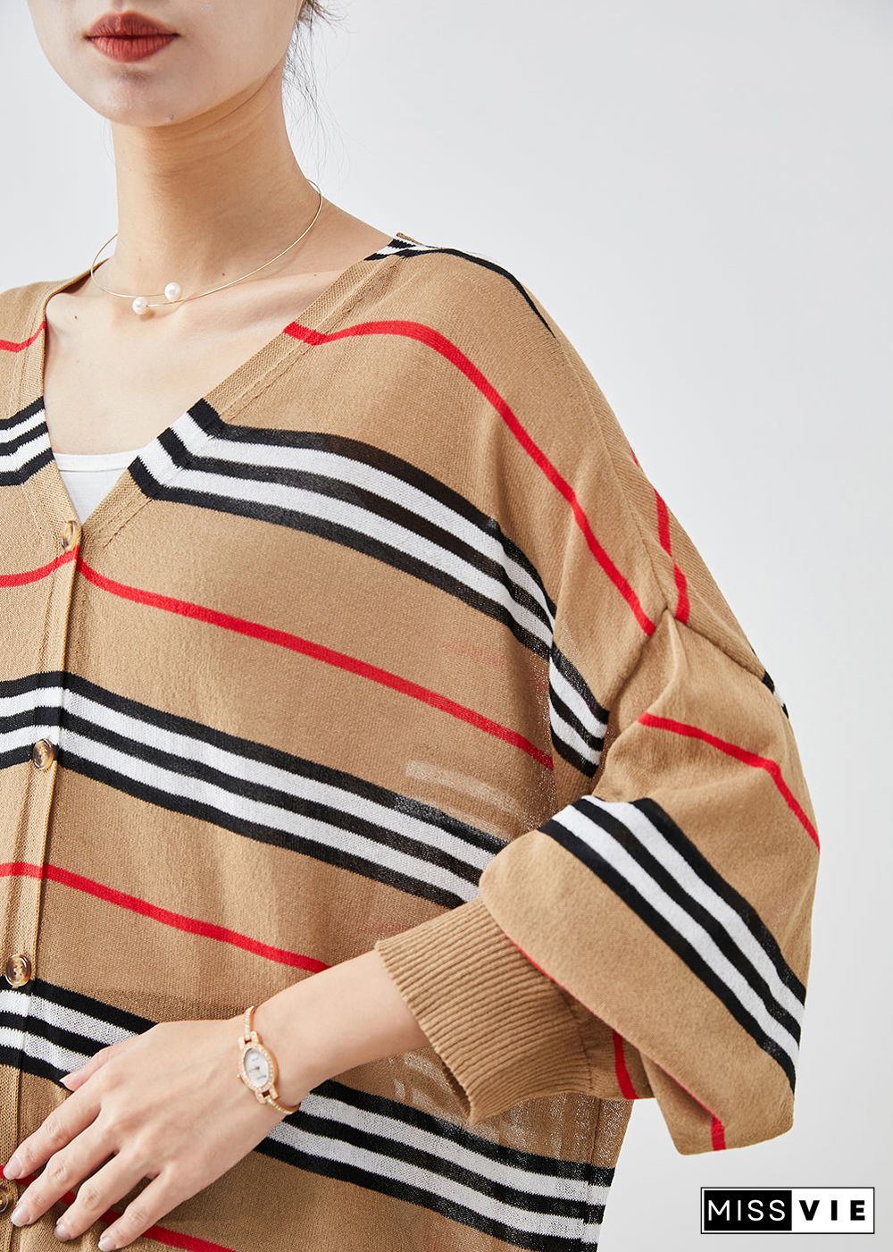 Art Khaki Oversized Striped Knit Cardigans Batwing Sleeve