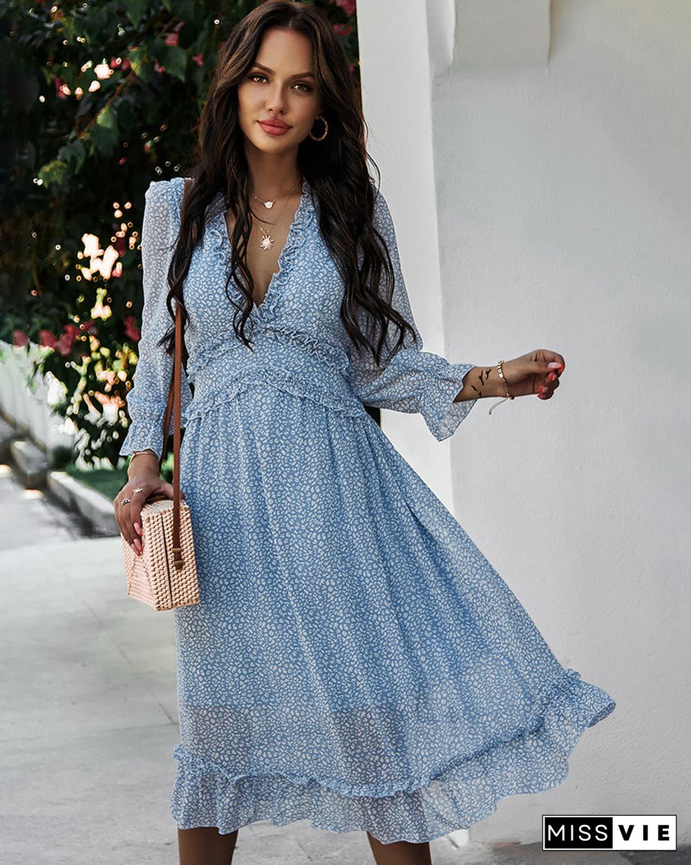 Deep V Neck Floral Long Sleeve Ruffle Hem Maxi Dress