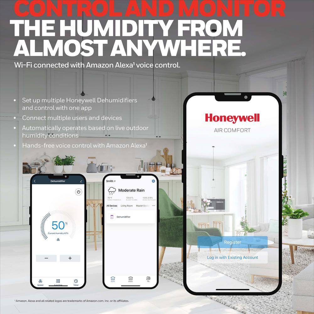 Honeywell Smart WiFi Energy Star Dehumidifier for Basements  Small Rooms Up to 1000 sq ft. with Alexa Voice Control TP30AWKN