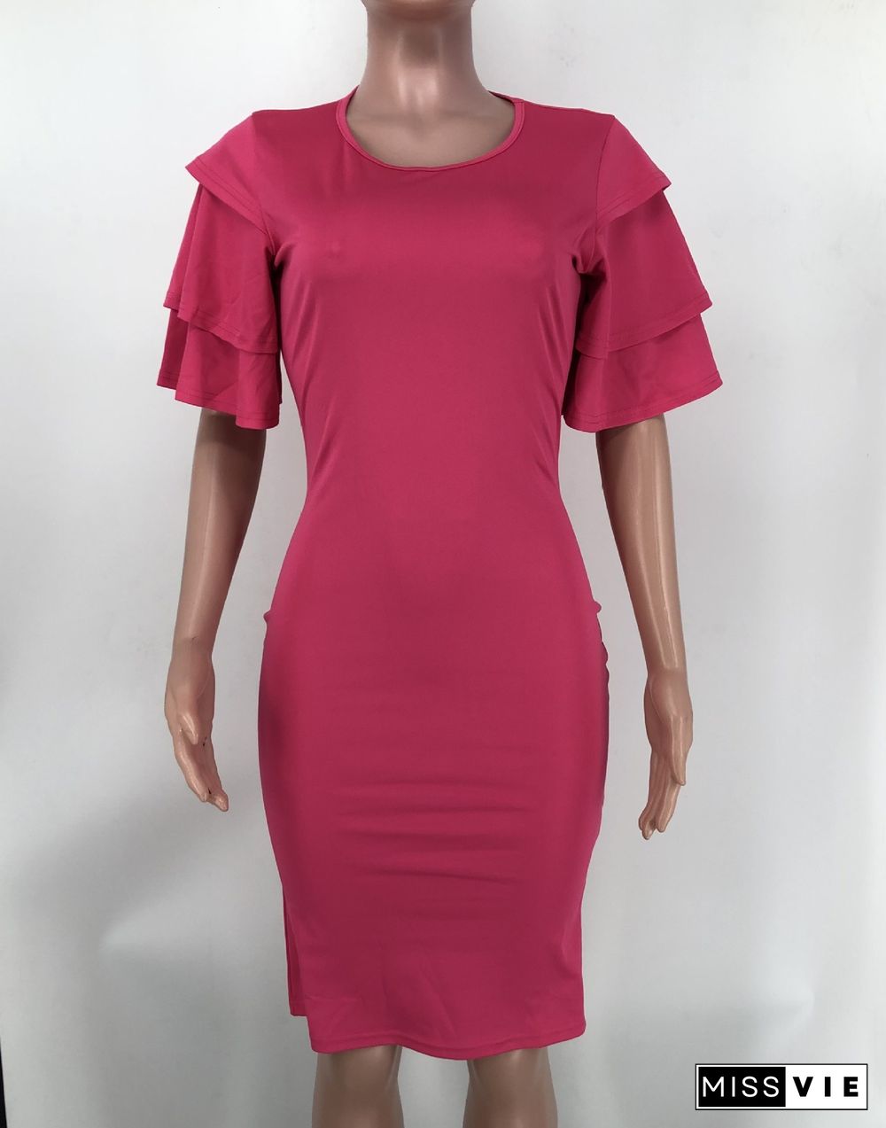 Solid Color Ruffle Short Sleeve Bodycon Dress