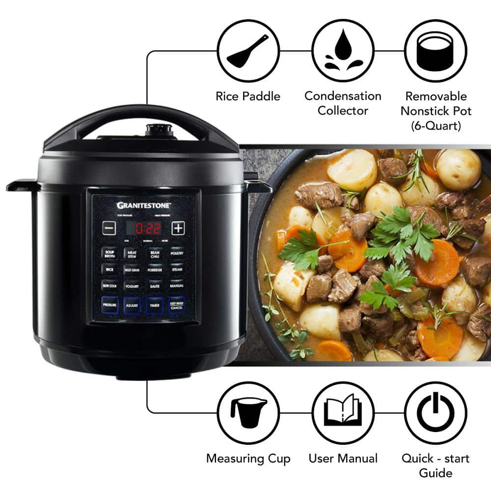 GRANITESTONE 6 Qt Black Electric Triple Layer Titanium Coating MultiPressure Cooker with BuiltIn Timer and PreSettings