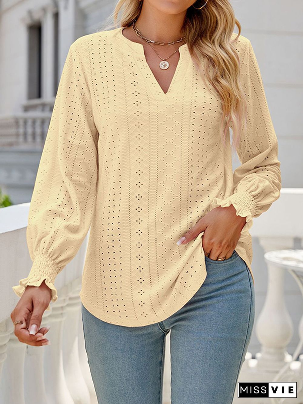 Long Sleeves Loose Elasticity Hollow Solid Color V-Neck T-Shirts Tops