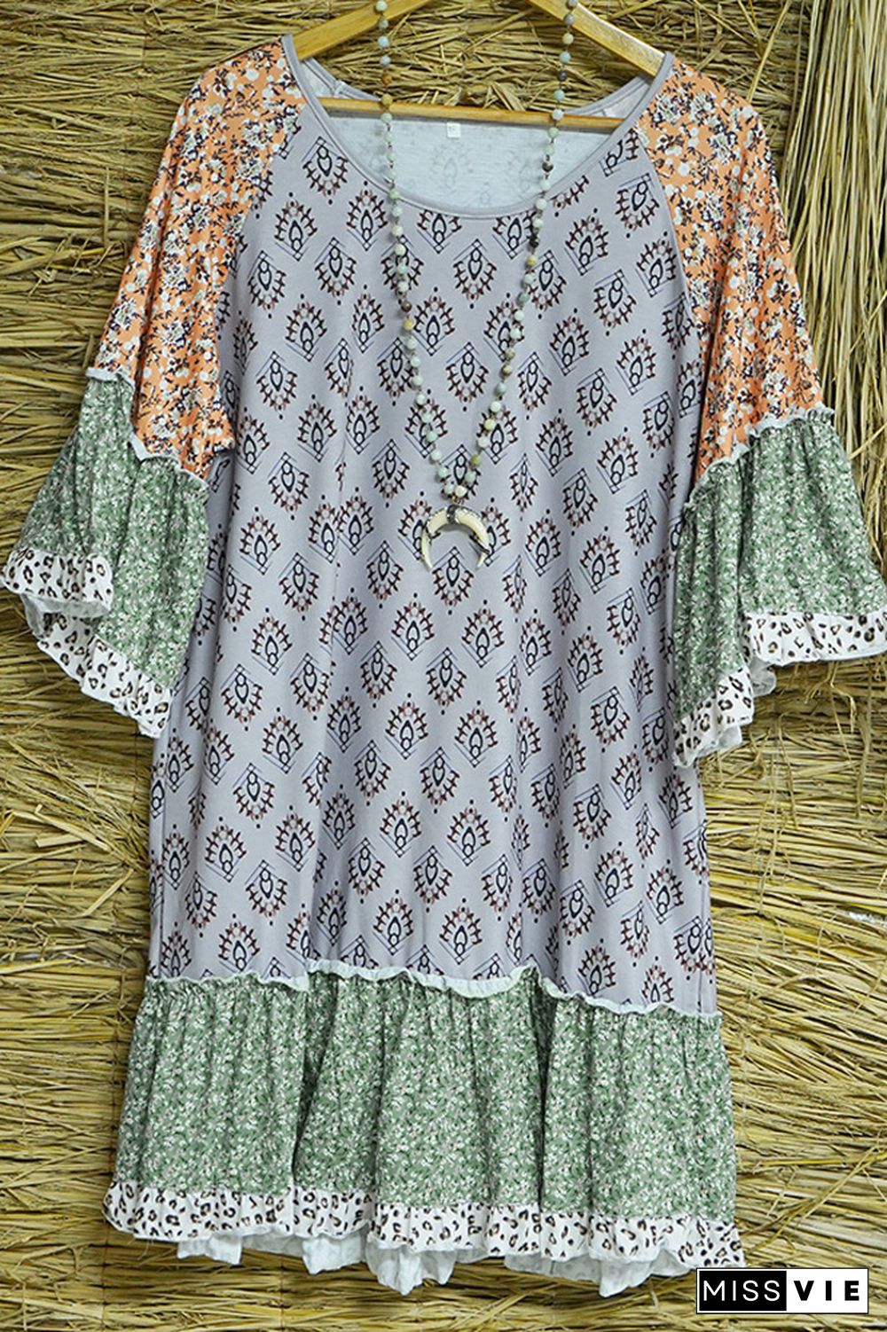 Floral Splicing Lace Boho Print T-Shirt Dress