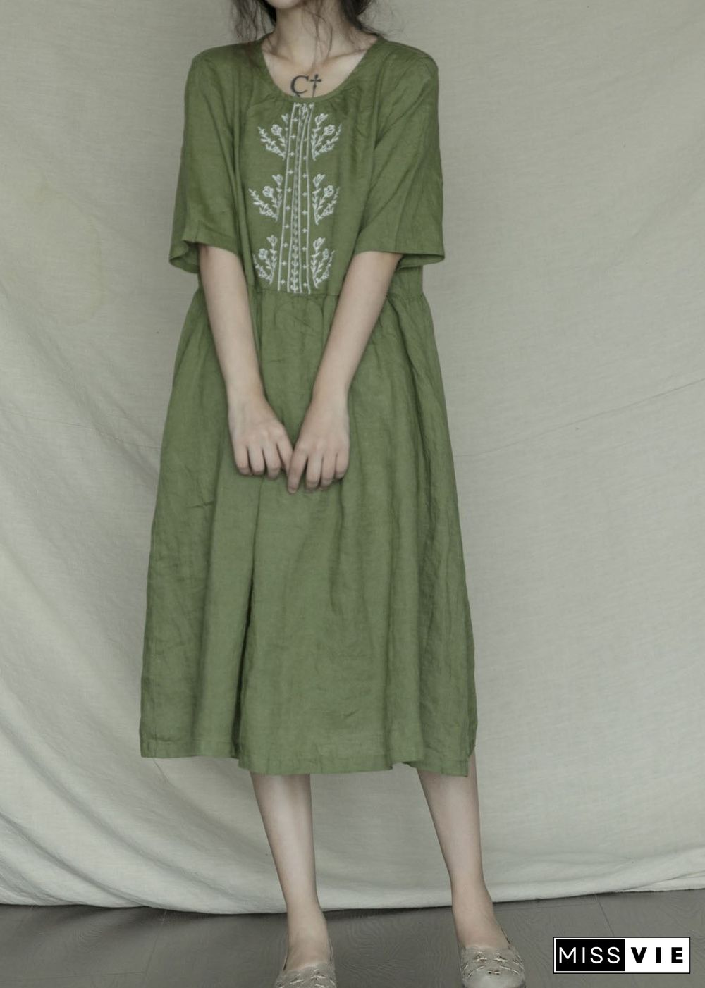 Bohemian Green Embroideried Casual Linen Dress Short Sleeve