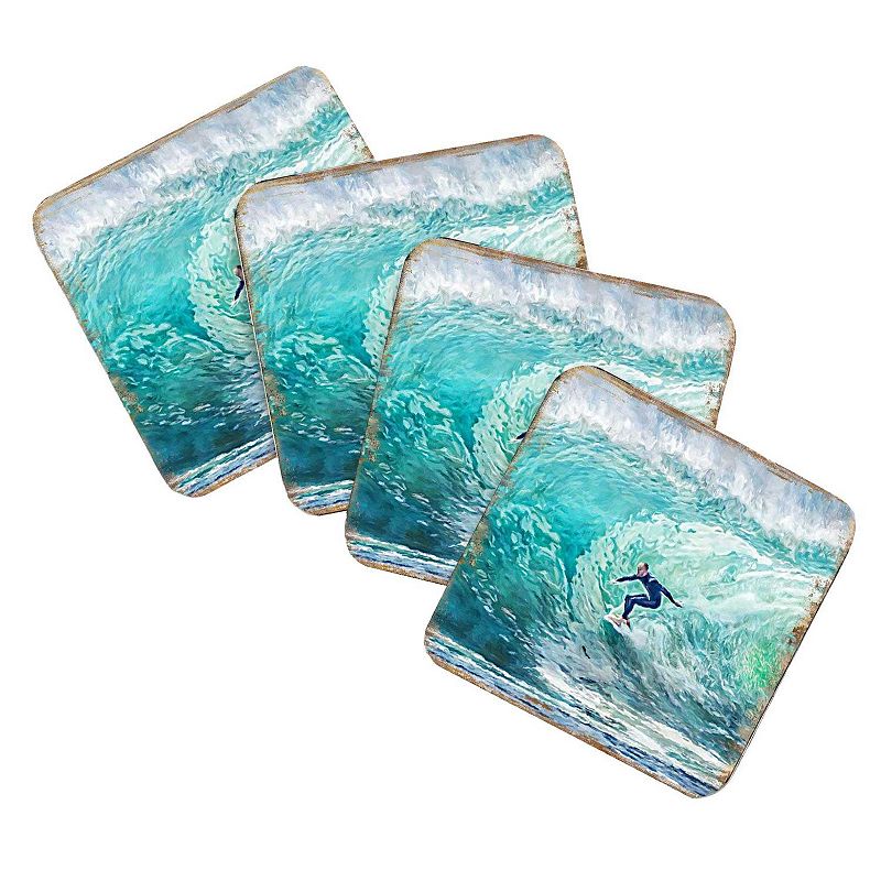 Surfer Coastal Wooden Cork Coasters Gift Set of 4 by Nature Wonders