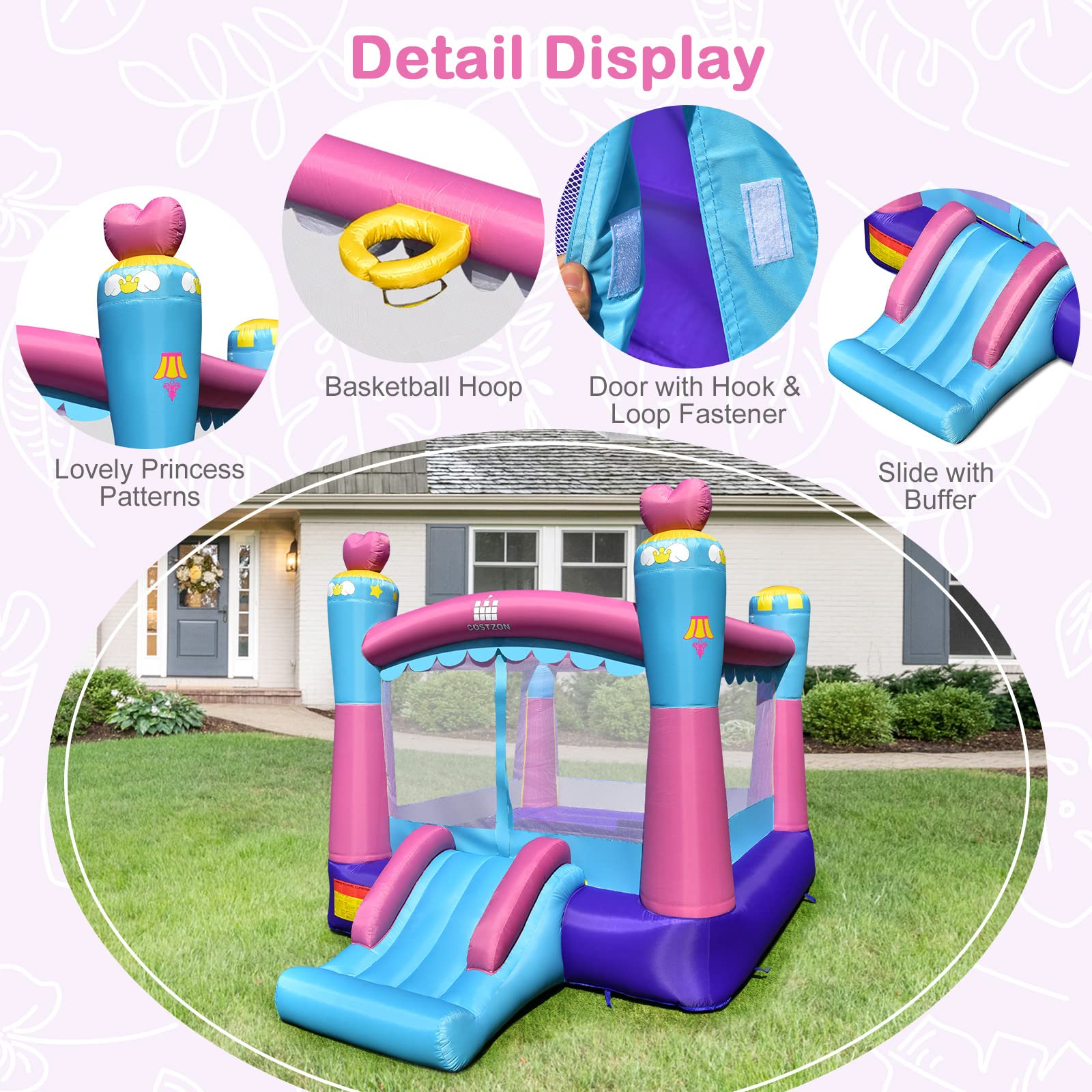 Costzon Inflatable Bounce House, Princess Bouncy House for Kids Indoor Outdoor Party Family w/550W Blower