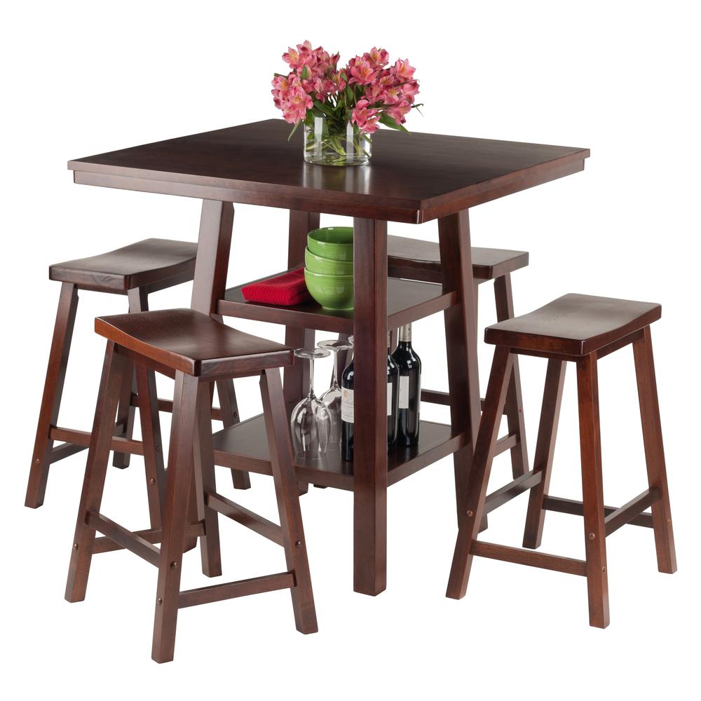 Winsome Wood Orlando 5-Pc Set， High Table with 2 Shelves and 4 Saddle Seat Counter Stools， Walnut Finish