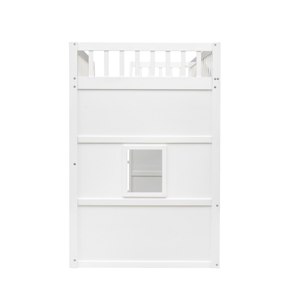 House Loft Bed Twin Kids Playhouse Bed  Solid Wood Loft Bed Frame with Window and Ladder  for Girls Boys  White+Grey