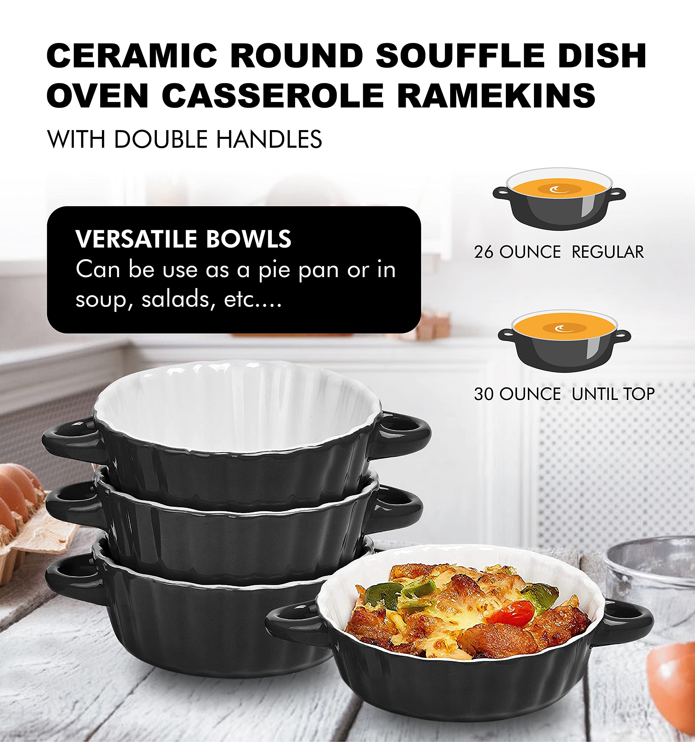 Bake And Serve - 10oz. Oven Safe Set Of 6 Ceramic Souffle Dishes， Round Double Handle