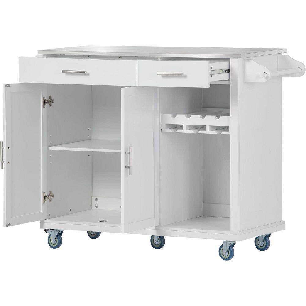 Nestfair 51 in. W White Kitchen Island with Stainless Steel Top and Storage Cabinet CKK5114W