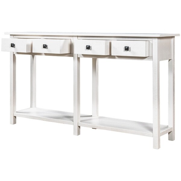 Rustic Brushed Texture Console Table with 4 Storage Drawers(with Rustic Modern Knobs) and 1 Bottom Shelf， Ivory White