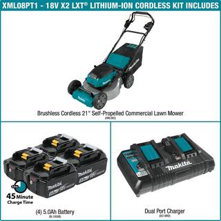 Makita 21 in. 18-Volt X2 (36-Volt) LXT Lithium-Ion Cordless Walk Behind Self Propelled Lawn Mower Kit with 4 Batteries (5.0 Ah) XML08PT1