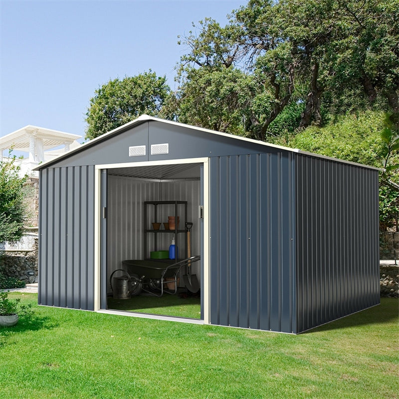 11' x 8' Outdoor Metal Storage Shed Backyard Shed Garden Tool Storage Cabinet with 4 Vents & Lockable Double Sliding Door