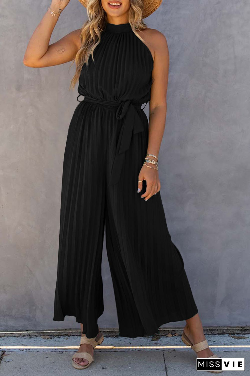 Black Halter Neck Pleated Wide Leg Jumpsuit with Belt