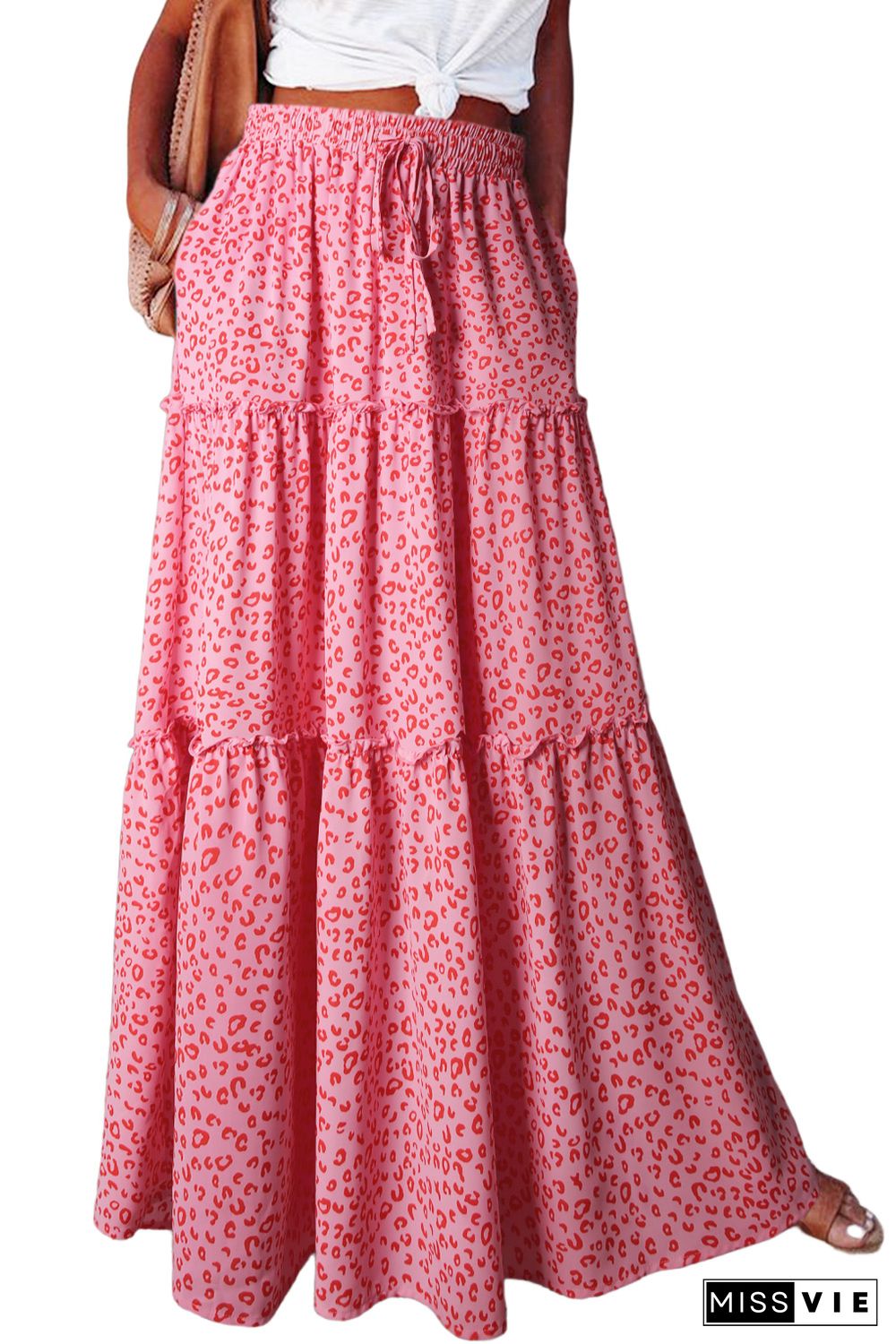 Pink Leopard Print Frilled Drawstring High Waist Maxi Skirt