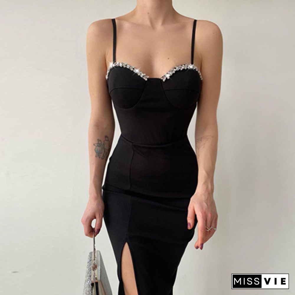 Sexy Sling Diamond Chain Slit Black Dress Elegant Bodycon Ladies Backless Banquet Dress Women V-Neck Lace Embroidery Long Dress