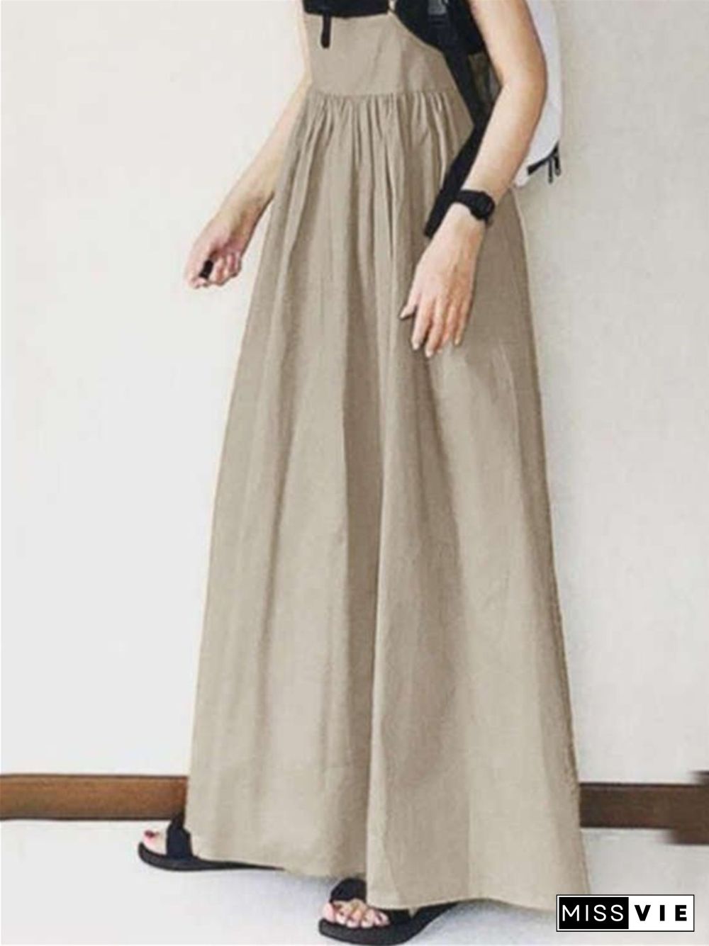 Long Skirt Spring Summer High Waist Skirt Solid Color Pleated Sling Long Skirt