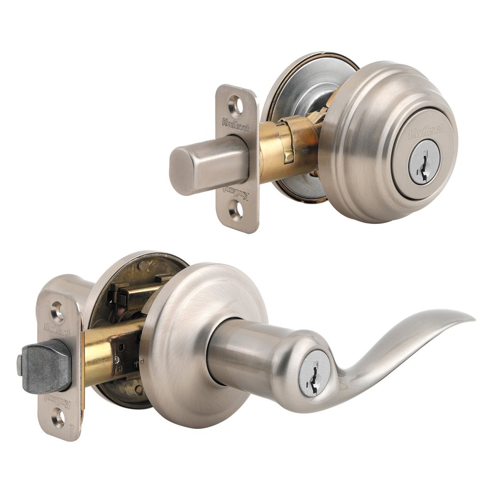 Satin Nickel Tustin Door Lever and Single Cylinder Deadbolt Set