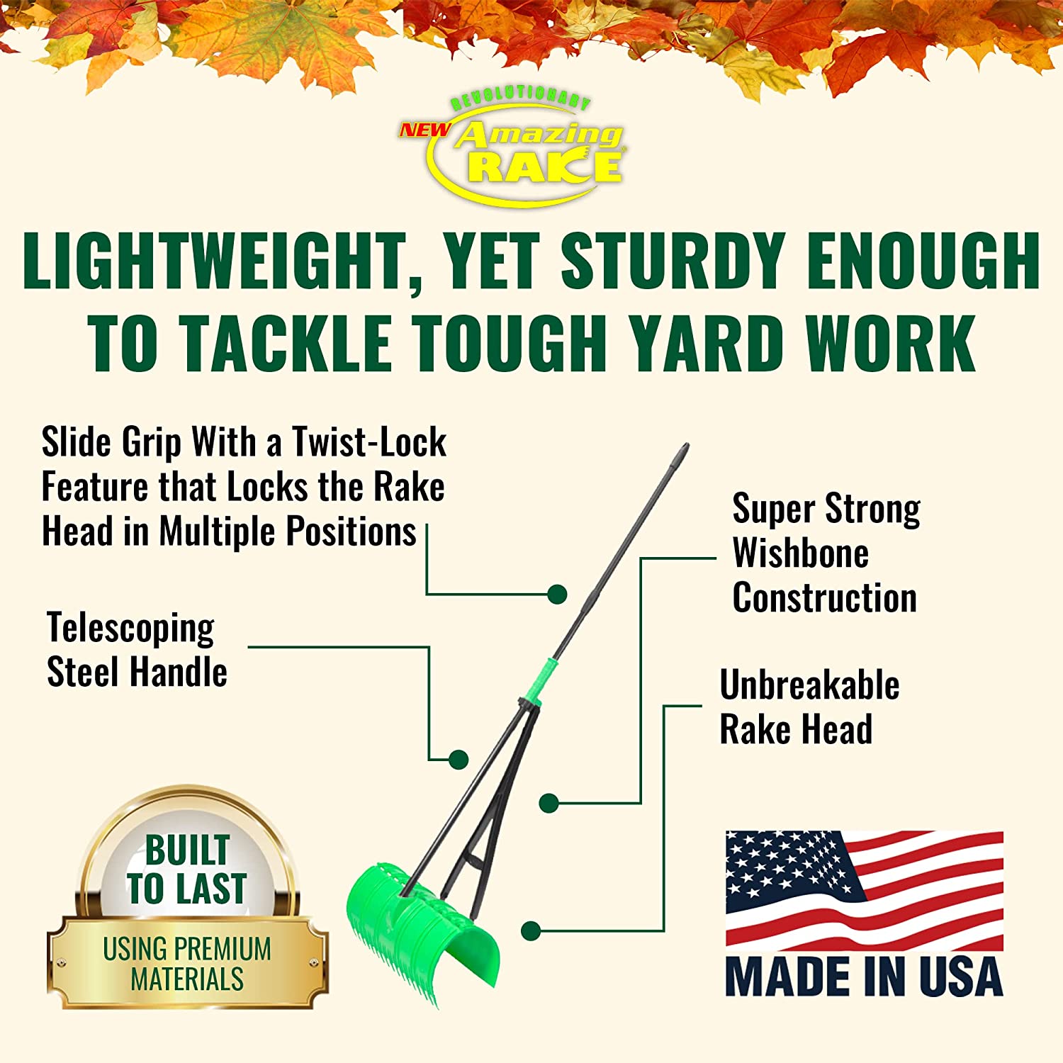 Amazing Rake Back Saving Garden Rake ― Leaf Rakes for Gardening ― Leaf Picker Upper ― Heavy Duty Leaves Claw & Rakes Lawns Garden Tool ― Easy Leaf & Grass Grabber Without Bending Over ― Green