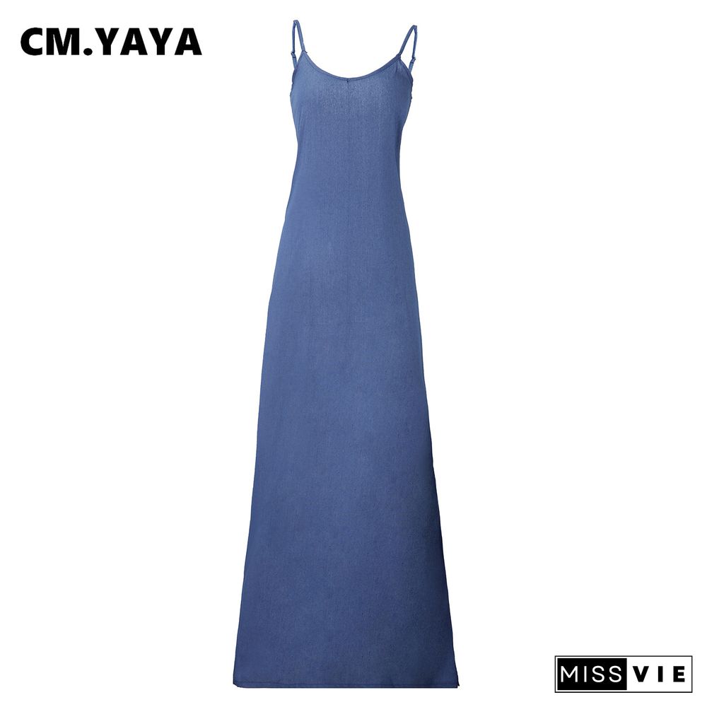 CMYAYA Women Summer S-3XL Denim Sexy Maxi Dress Party Club Outside Loose Long Strap Sleeveless Dresses Outfits